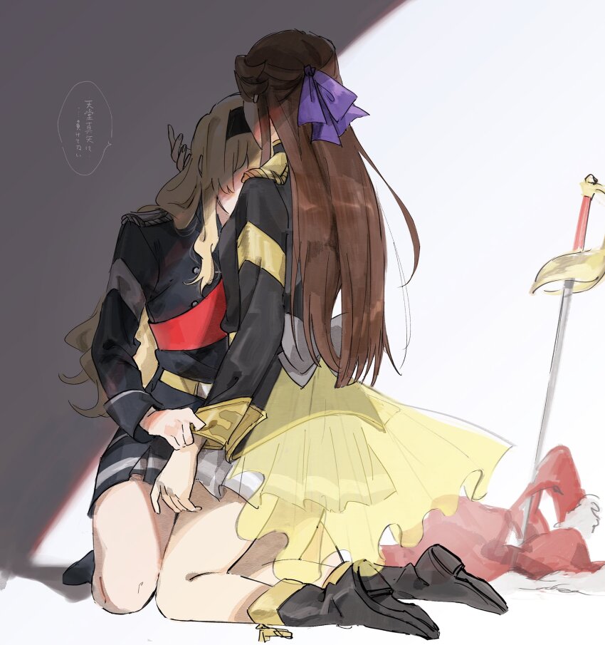 2girls black_boots black_hairband black_jacket black_skirt blonde_hair boots brown_hair commentary_request epaulettes hair_ribbon hairband head_on_another&#039;s_shoulder highres jacket jacket_tug kneeling long_hair long_sleeves multiple_girls planted planted_sword planted_weapon purple_ribbon red_sash ribbon roru_(lol_dessin) saijou_claudine sash shade shoujo_kageki_revue_starlight skirt speech_bubble sword tendou_maya translation_request weapon yuri
