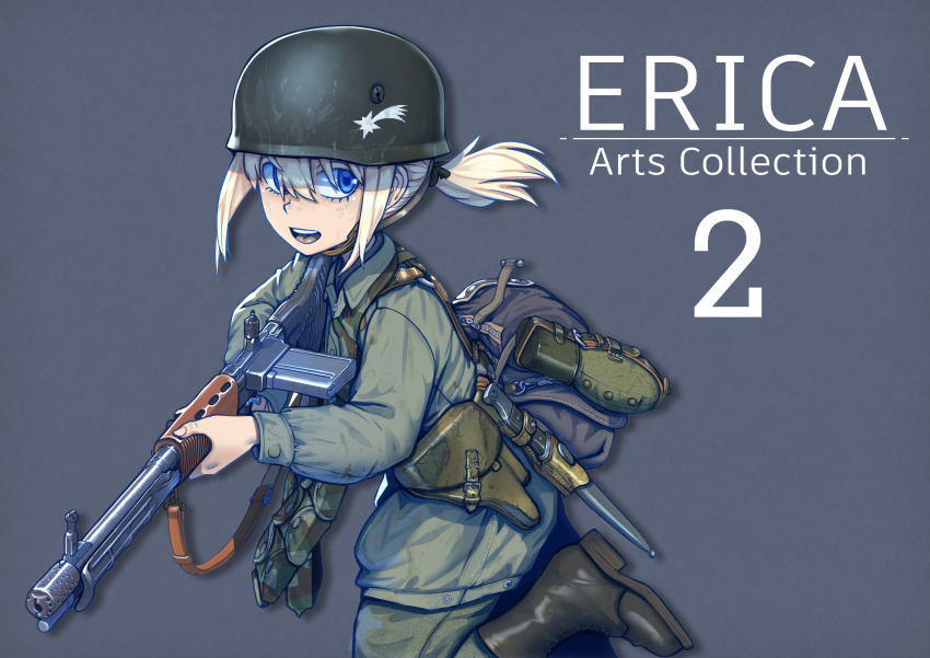 1girl absurdres backpack bag battle_rifle blonde_hair blue_eyes boots brown_boots combat_helmet erica_(naze1940) fallschirmhelm fallschirmjaeger fg42 green_jacket green_pants gun hair_between_eyes helmet highres holding holding_gun holding_weapon jacket knife long_sleeves original pants paratrooper ponytail rifle short_ponytail sidelocks solo weapon world_war_ii