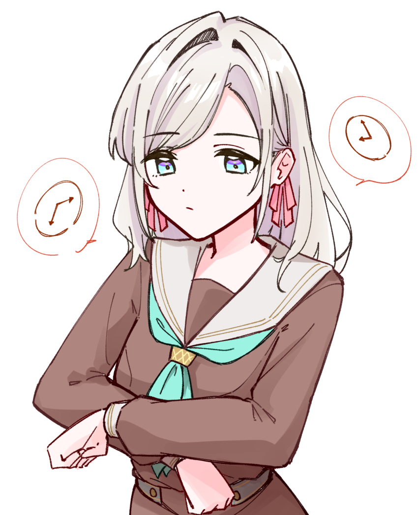 1girl air_wristwatch analog_clock aqua_neckerchief blue_eyes brown_dress ceras_yanagida_lilienfeld clenched_hands clock closed_mouth commentary dress expressionless grey_hair hair_intakes hair_ribbon hasu_no_sora_school_uniform highres link!_like!_love_live! long_hair long_sleeves love_live! neckerchief pink_ribbon ribbon sailor_collar sailor_dress school_uniform simple_background solo speech_bubble spoken_symbol swept_bangs symbol-only_commentary translation_request upper_body virtual_youtuber white_background white_sailor_collar winter_uniform zangemiya