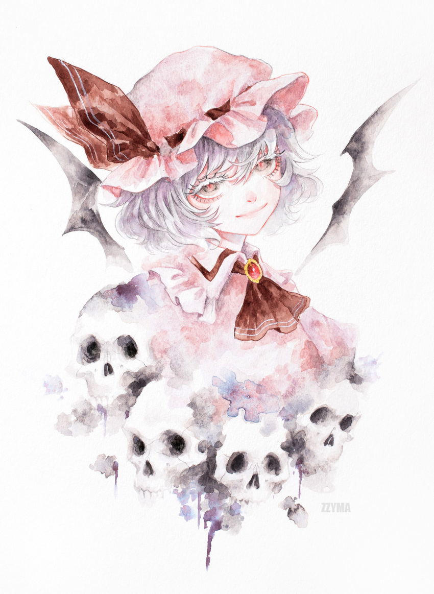 1girl artist_name closed_mouth colored_eyelashes eyelashes glowing_pupils hair_between_eyes highres johnalay looking_at_viewer nostrils painting_(medium) portrait remilia_scarlet short_hair simple_background skull slit_pupils smile solo thick_eyelashes touhou traditional_media wavy_hair white_eyelashes