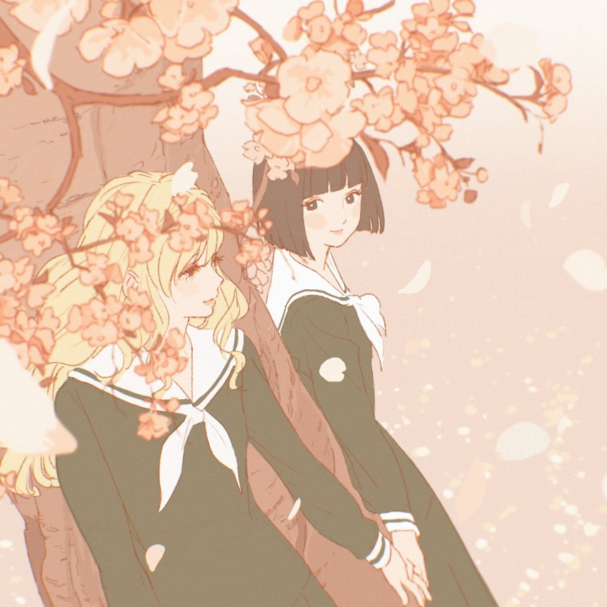 2girls 55bata6rou black_dress black_eyes black_hair blonde_hair blunt_bangs cherry_blossoms closed_mouth cowboy_shot dress flower from_above highres holding_hands lillian_girls&#039;_academy_school_uniform long_hair long_sleeves looking_at_another maria-sama_ga_miteru multiple_girls neckerchief nijou_noriko pink_background pink_flower sailor_collar school_uniform short_hair smile standing toudou_shimako tree under_tree white_neckerchief white_sailor_collar yuri