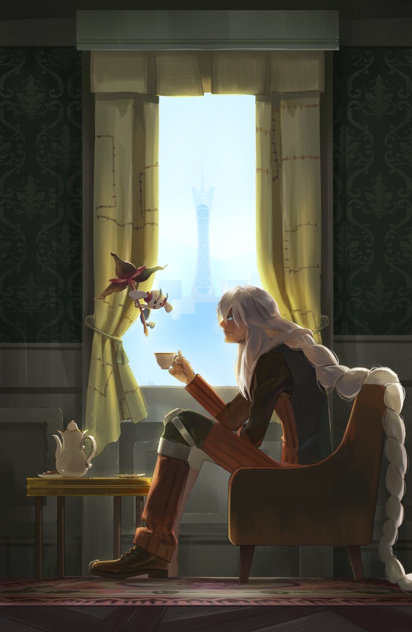 1boy absurdres az_(pokemon) black_shirt braid closed_mouth cup floette floette_(eternal) flower gdenheart gen_6_pokemon highres holding holding_cup holding_flower knee_brace long_hair long_sleeves looking_at_another nintendo old open_mouth orange_pants orange_vest pants pokemon pokemon_(creature) pokemon_legends:_z-a prism_tower shirt shoes sitting smile table tall_male teacup teapot very_long_hair vest window