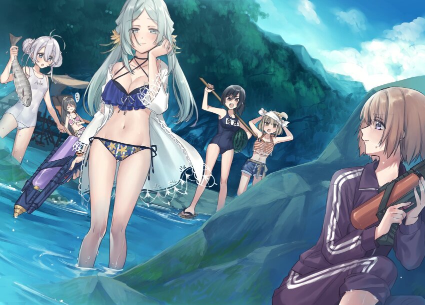 6+girls :d alternate_costume animal aoba_chika beach_chair bikini black_hair blue_bikini blue_eyes blue_hair blue_one-piece_swimsuit blue_sky breasts cleavage cloud day denim denim_shorts fish food forest frilled_bikini frills fruit hiding highres hiroe_chiharu hiroe_chiharu_(swimsuit_costume) holding holding_animal holding_fish holding_food holding_fruit holding_water_gun holding_watermelon jacket long_hair looking_at_viewer magia_record:_mahou_shoujo_madoka_magica_gaiden mahou_shoujo_madoka_magica miura_asahi multiple_girls natsu_ryoko nature navel official_alternate_costume one-piece_swimsuit open_mouth outdoors pants pants_rolled_up river rock short_hair shorts sitting sky smile standing summer swimsuit toki_sunao toki_sunao_(swimsuit_costume) tokime_shizuka tokime_shizuka_(swimsuit_costume) track_jacket track_pants track_suit tree wading water water_gun watermelon white_jacket white_one-piece_swimsuit yukishiro_(hitsuji)