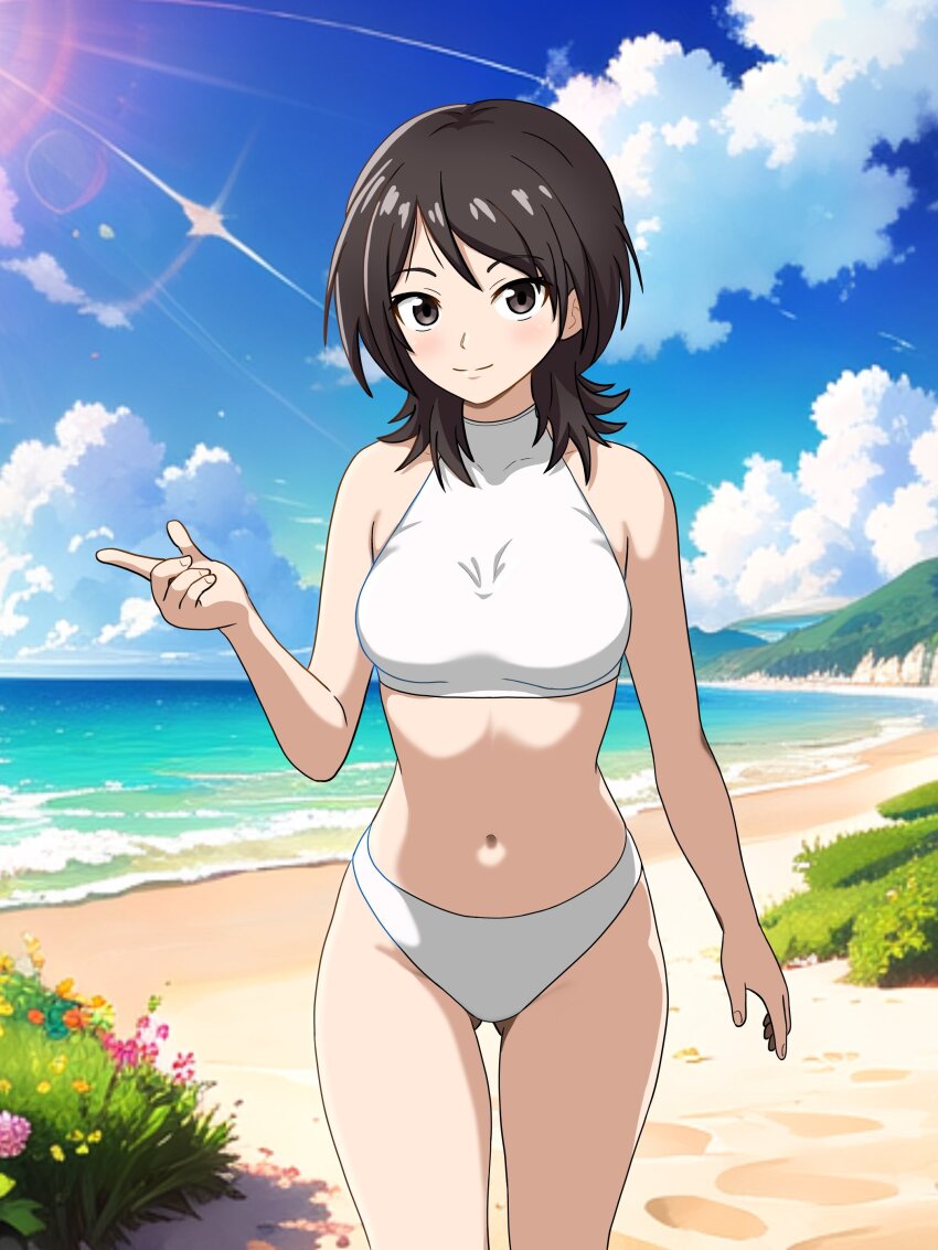 absurdres amagami beach bikini black_hair blue_sky breasts cloud cloudy_sky commentary_request cowboy_shot day highres looking_at_viewer medium_breasts medium_hair navel outdoors sky smile standing stomach swimsuit takahashi_maya turtleneck_bikini_top viaigi white_bikini