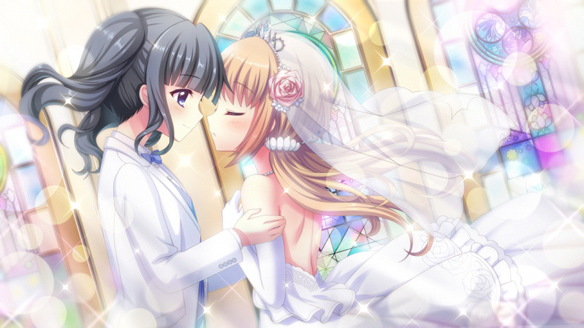 2girls aunt_and_niece back backless_outfit black_hair blue_bow blue_bowtie blue_eyes blush bow bowtie bridal_veil closed_eyes closed_mouth dress dutch_angle elbow_gloves facing_another female_focus film_grain floral_print flower formal_clothes game_cg gloves hair_ornament hair_scrunchie hands_on_another&#039;s_arms imminent_kiss incest incest_marriage itsumura_haruka itsumura_yukari izumi_tsubasu jewelry lens_flare heavy_lens_flare light_brown_hair long_hair looking_at_another low_twintails medium_hair multiple_girls necklace non-web_source official_art parted_lips pearl_necklace pink_flower pink_rose print_dress profile re:stage! rose rose_print scrunchie shoulder_blades sidelocks sideways_mouth smile sparkle stained_glass suit twintails veil wedding wedding_dress white_dress white_gloves white_scrunchie white_suit white_veil window yuri