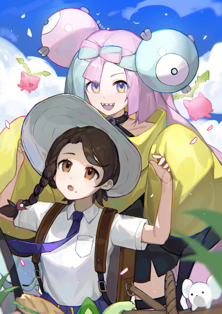 2girls :d :o absurdres ayu_(ayuyu0924) backpack bag basket braid brown_bag brown_eyes brown_hair character_hair_ornament cloud collared_shirt commentary day eyelashes food food_on_face gen_2_pokemon grey_headwear hair_ornament hat highres hoppip iono_(pokemon) jacket juliana_(pokemon) looking_at_viewer multicolored_hair multiple_girls necktie nintendo open_mouth outdoors pink_hair pokemon pokemon_(creature) pokemon_sv purple_necktie sandwich sharp_teeth shirt short_sleeves sky smile sprigatito tandemaus teeth tongue two-tone_hair upper_teeth_only yellow_jacket