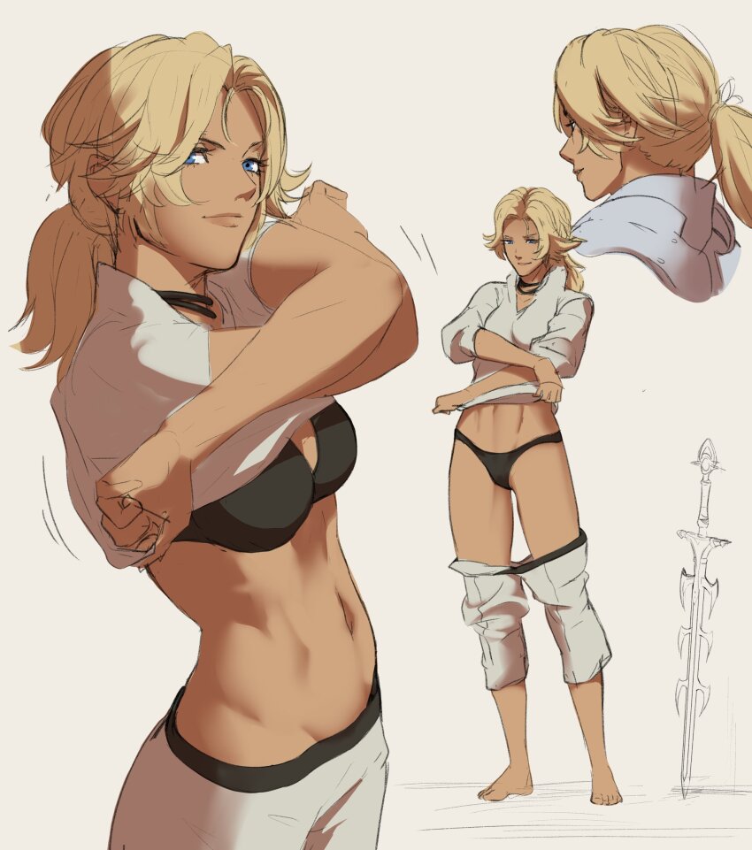 1girl absurdres barefoot black_bra black_panties blonde_hair blue_eyes bra breasts catherine_(fire_emblem) cleavage dark-skinned_female dark_skin fire_emblem fire_emblem:_three_houses full_body grey_pants grey_shirt highres looking_at_viewer medium_breasts medium_hair multiple_views nintendo panties pants pomelomelon ponytail shirt smile standing stomach sword underwear undressing weapon
