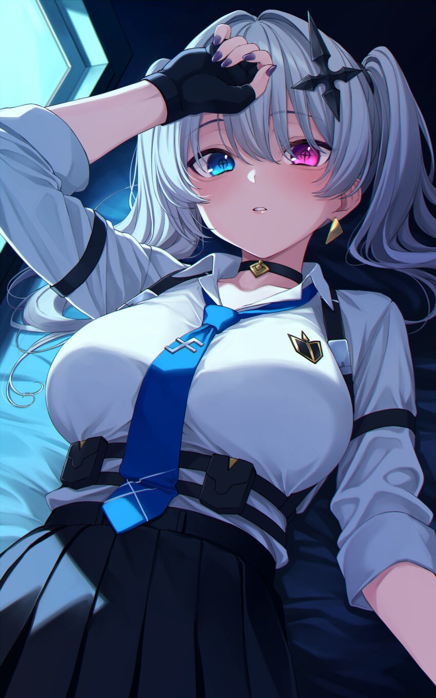 1girl absurdres arm_strap arm_up bed bed_sheet black_choker black_skirt blue_eyes blue_necktie blush breasts chest_harness choker collared_shirt cross cross-shaped_pupils cross_hair_ornament earrings fingerless_gloves gloves gold_earrings hair_between_eyes hair_intakes hair_ornament harness heterochromia high-waist_skirt highres inverted_cross jewelry large_breasts long_hair long_sleeves looking_at_viewer lying nail_polish nameko_houshi necktie neo-porte on_back on_bed parted_lips pink_eyes pleated_skirt pouch purple_nails shirt shirt_tucked_in single_earring skirt solo symbol-shaped_pupils tentei_forte tentei_forte_(2nd_costume) twintails virtual_youtuber white_hair white_shirt window