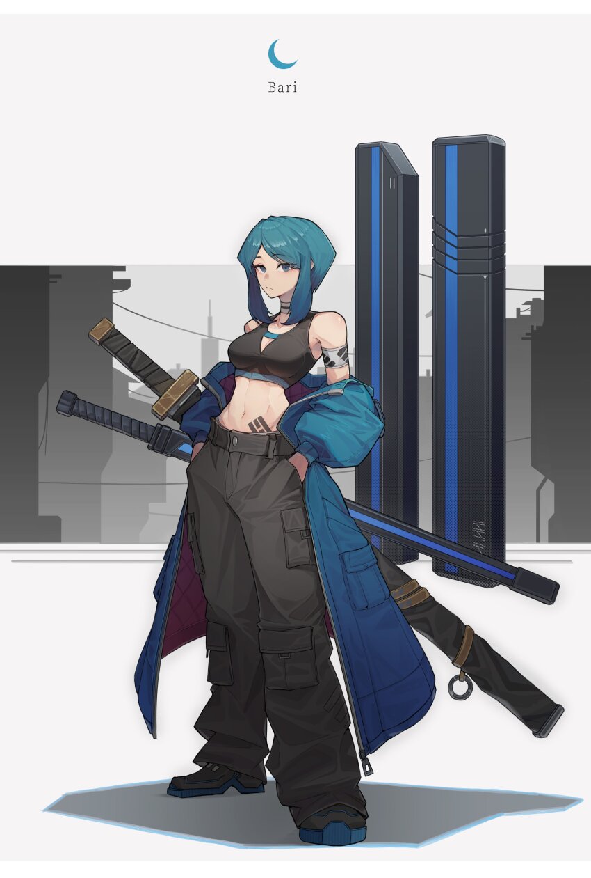 1girl absurdres adapted_costume bari_(project_moon) black_pants blue_coat blue_eyes blue_hair breasts character_name choker cityscape coat crescent crescent_moon crop_top full_body hands_in_pockets highres hip_tattoo jacket jeehyung_seo katana library_of_ruina limbus_company looking_at_viewer medium_breasts midriff moon navel open_clothes open_coat open_jacket pants project_moon scabbard sheath sheathed shirt short_hair short_hair_with_long_locks sidelocks sleeveless sleeveless_shirt solo sword weapon white_background zipper