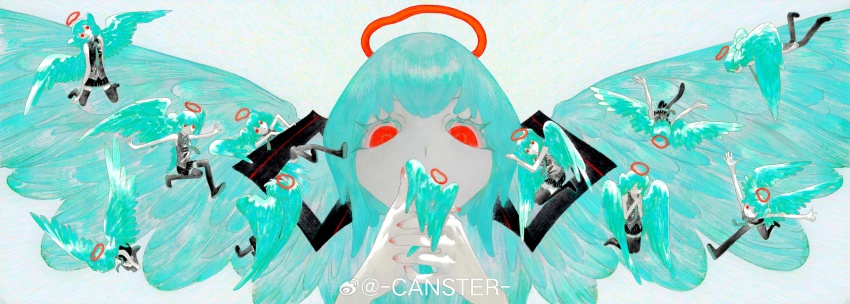 6+girls absurdres angel angel_wings aqua_shirt aqua_wings bare_arms bare_shoulders black_boots black_shirt black_skirt boots canster chinese_commentary clone closed_eyes colored_eyelashes commentary_request covered_mouth feathered_wings grey_background grey_shirt hair_ornament halo hatsune_miku highres holding holding_mini_person mini_person minigirl miniskirt multiple_girls pale_skin red_eyes red_halo shirt short_sleeves simple_background size_difference skirt sleeveless sleeveless_shirt spread_wings thigh_boots traditional_halo twintails upper_body vocaloid wings