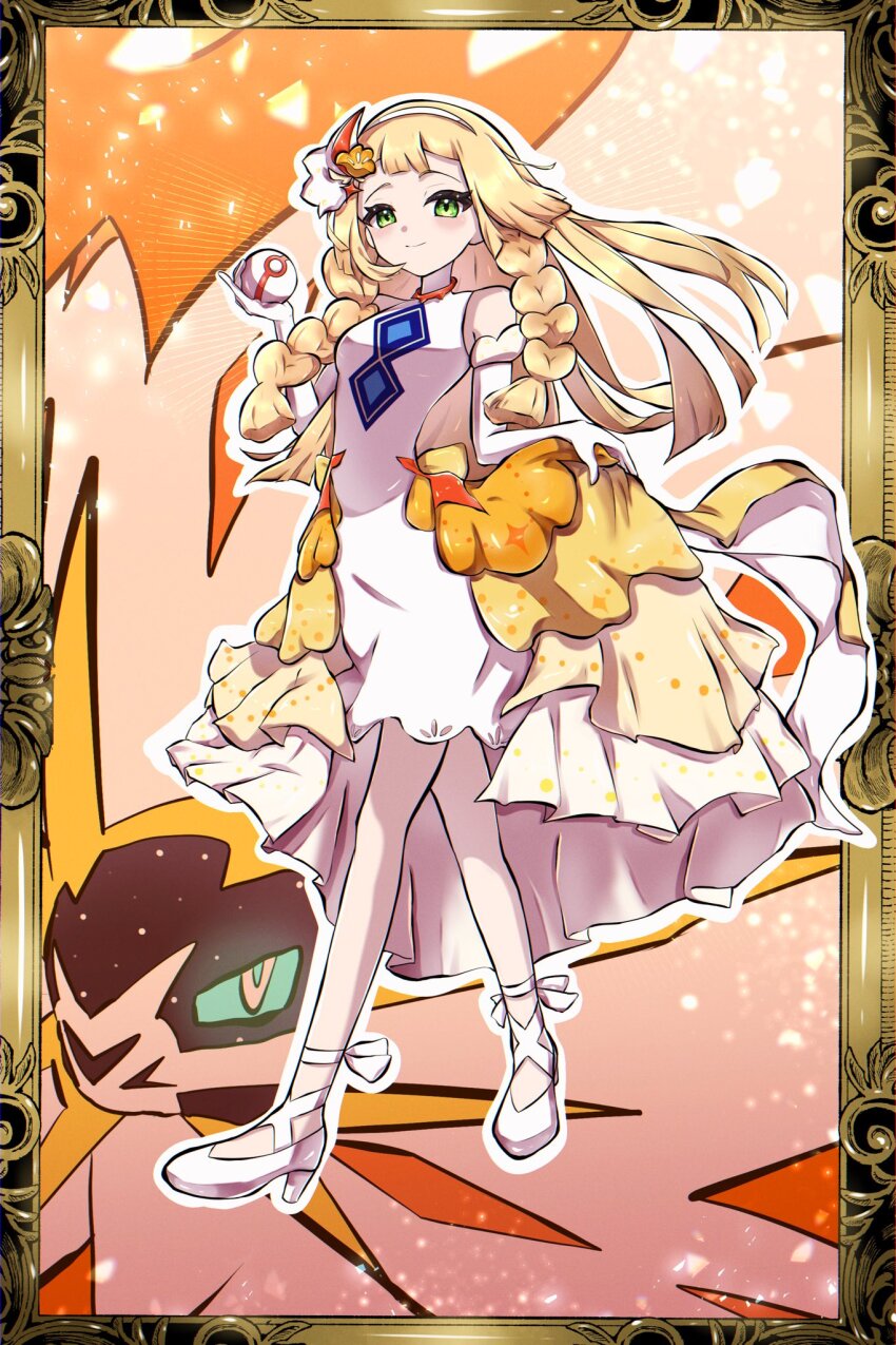 1girl :d bare_shoulders blonde_hair braid creatures_(company) dress elbow_gloves full_body game_freak gen_7_pokemon gloves green_eyes hairband highres holding holding_poke_ball legendary_pokemon lillie_(anniversary_2024)_(pokemon) lillie_(pokemon) lion long_hair looking_at_viewer nintendo official_alternate_costume open_mouth poke_ball pokemon pokemon_(creature) pokemon_masters_ex premier_ball sino_(pcxg4558) skirt_hold smile solgaleo solo_focus twin_braids twitter_username white_dress white_gloves white_hairband white_high_heels