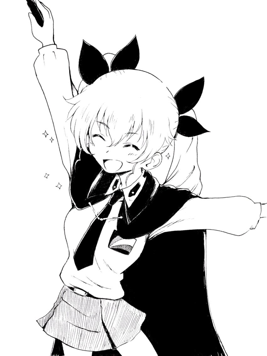 1girl ^_^ anchovy_(girls_und_panzer) anzio_school_uniform black_cape black_nectkie blush cape closed_eyes commentary_request drill_hair girls_und_panzer greyscale hair_between_eyes hair_ribbon highres long_hair monochrome necktie open_mouth outstretched_arms pleated_skirt ribbon riding_crop sawamin school_uniform shirt skirt smile solo sparkle translation_request twin_drills twintails white_background