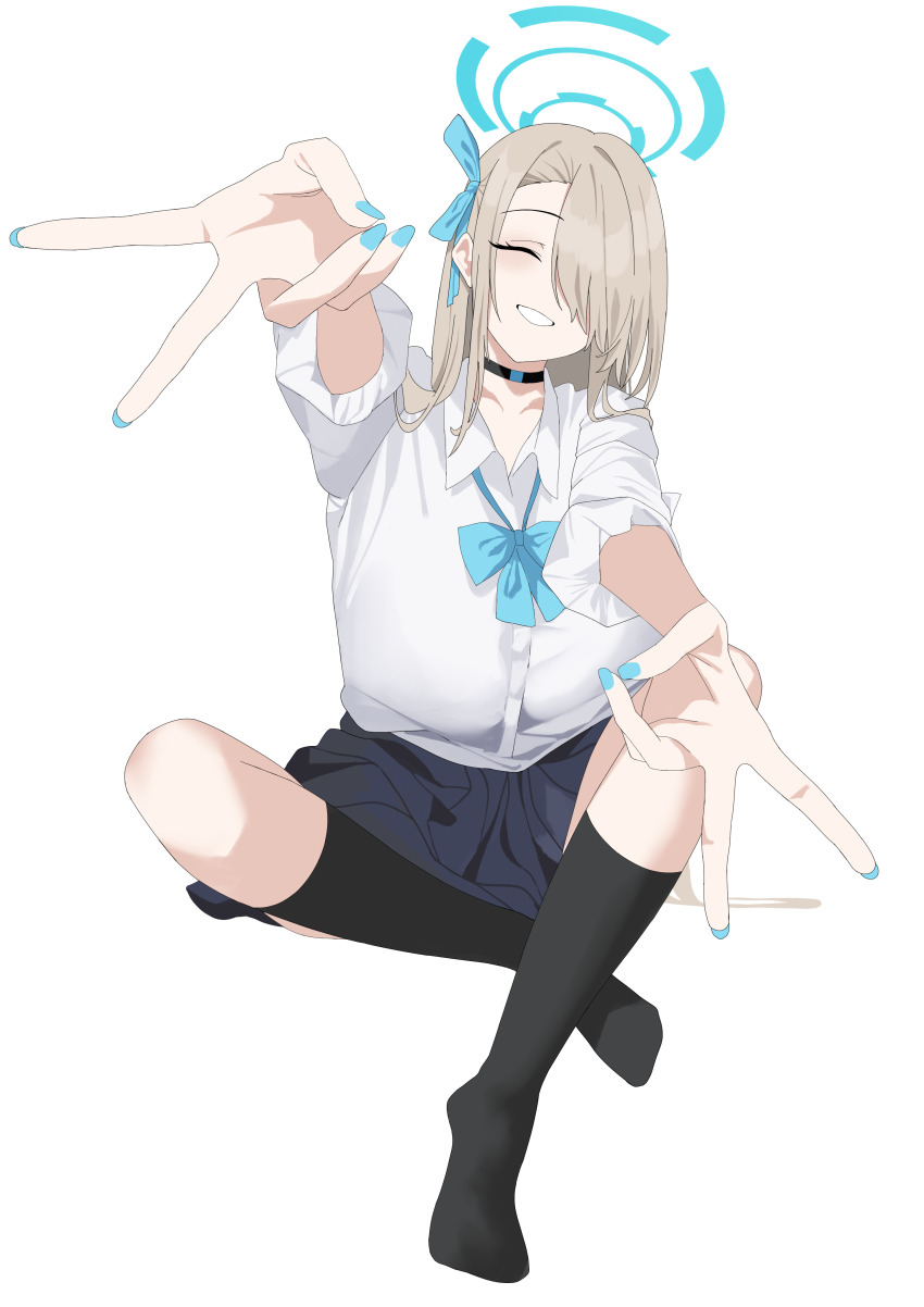 1girl absurdres asuna_(blue_archive) asuna_(school_uniform)_(blue_archive) black_shoes black_socks blonde_hair blue_archive blue_bow blue_eyes blue_nails blue_ribbon blue_scrunchie blue_skirt blush bow closed_eyes double_v grin hair_over_one_eye hair_ribbon highres kneehighs long_hair looking_at_viewer official_alternate_costume ribbon scrunchie shirt shoes sidelocks skirt smile socks solo tnr_(horiko1525) v white_shirt wrist_scrunchie