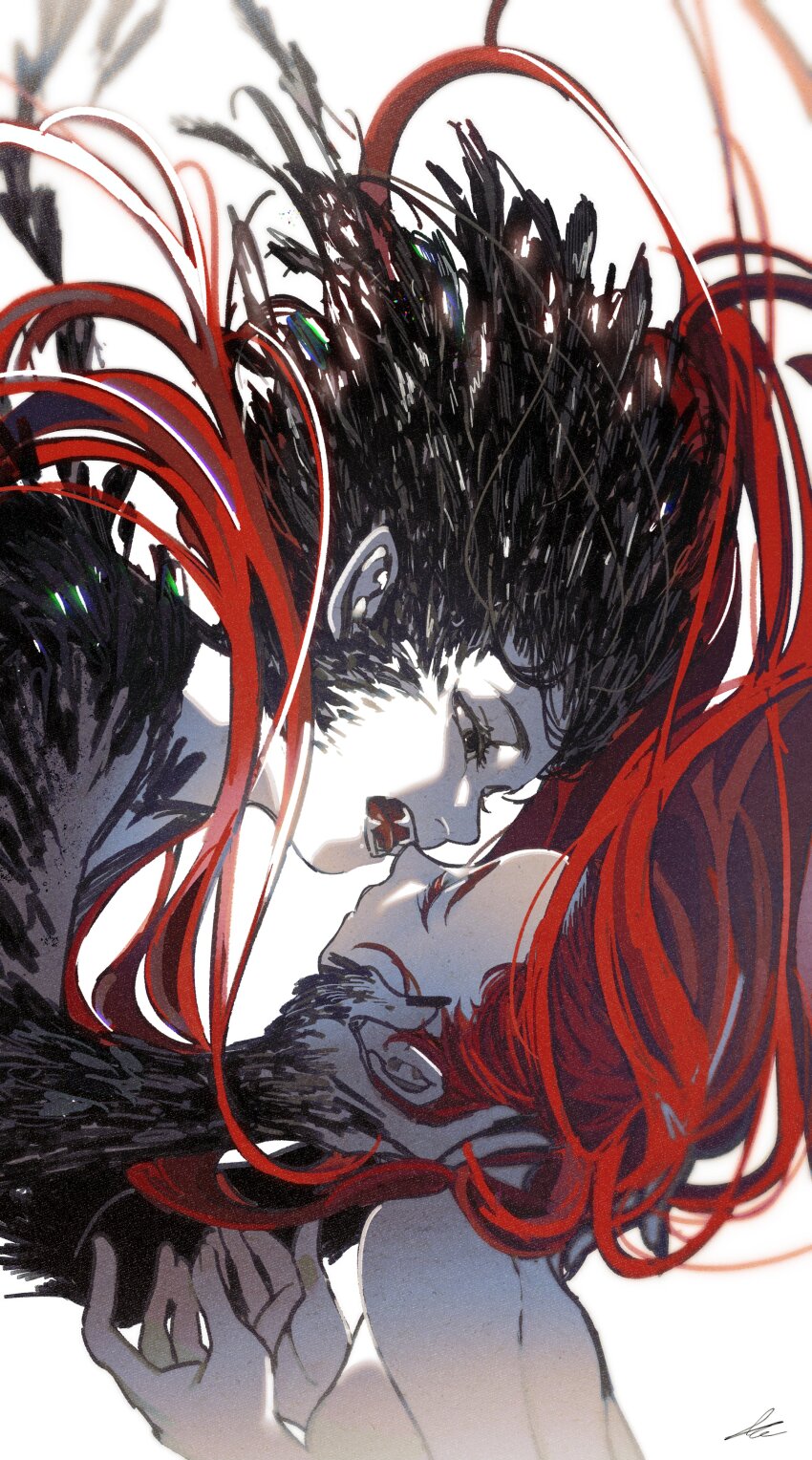 2girls absurdres black_eyes black_hair black_nails closed_eyes commentary fangs fingernails floating_hair hand_on_another&#039;s_head highres looking_at_another messy_hair multiple_girls open_mouth original pointy_ears red_hair signature simple_background teeth toktin_zq upper_body white_background