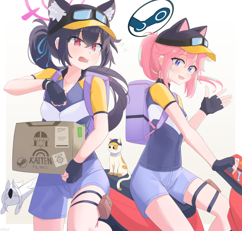 2girls :d absurdres animal_ears animal_hat backpack bag baseball_cap black_gloves black_hair blue_archive blue_eyes blue_halo blue_hat blue_shirt blue_shorts box cardboard_box cat cat_ears cat_girl cat_hat collarbone commentary cosplay crossover ears_through_headwear english_commentary fingerless_gloves flying_sweatdrops gloves goggles goggles_on_headwear halo hand_up hat high_ponytail highres holding holding_box kayoko_(blue_archive) long_hair looking_at_viewer motor_vehicle multicolored_shirt multiple_girls myuf on_scooter open_mouth pink_hair pink_halo ponytail pouch purple_bag red_eyes scooter serika_(blue_archive) shirt short_sleeves shorts simple_background sitting smile steam_(platform) steam_delivery_girl steam_delivery_girl_(cosplay) thigh_pouch thigh_strap unzipping watch waving wavy_mouth white_background wristwatch yellow_shirt