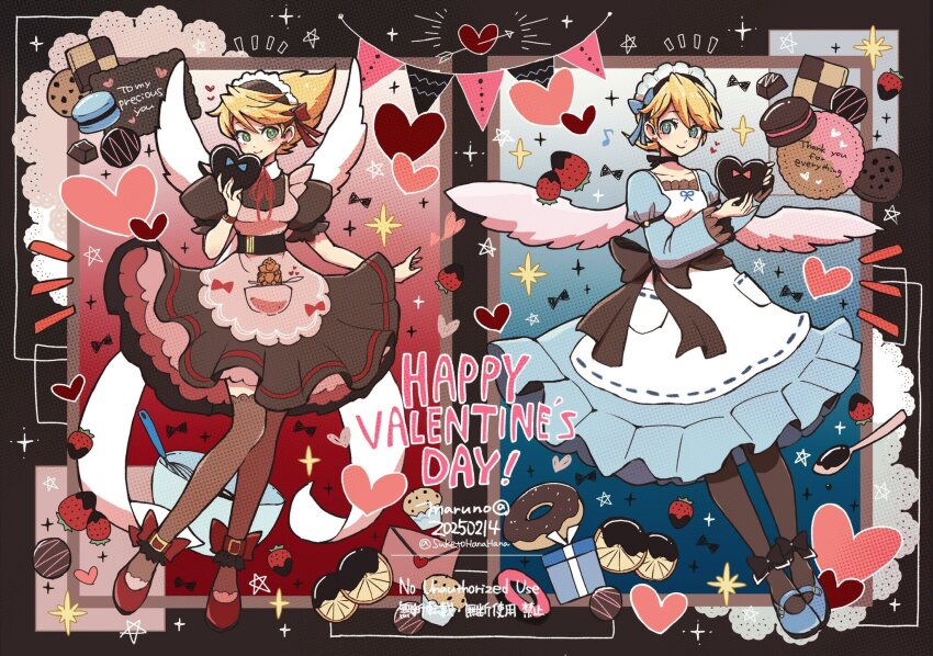 2girls alternate_costume apron arrow_through_heart black_bow black_dress black_thighhighs blonde_hair blue_dress blue_shoes bow breath_of_fire breath_of_fire_iii breath_of_fire_iv candy checkerboard_cookie chocolate chocolate_heart chocolate_strawberry commentary_request cookie dated donut dress english_text enmaided food full_body green_eyes happy_valentine heart heart-shaped_food highres holding holding_chocolate holding_food honey_(breath_of_fire) macaron maid maid_apron maid_headdress maruno mary_janes multiple_girls nina_(breath_of_fire_iii) nina_(breath_of_fire_iv) pink_apron red_bow red_shoes shoes short_hair spoon thighhighs twitter_username valentine watermark wings