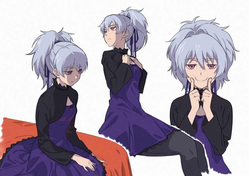 1girl black_pantyhose black_ribbon breasts closed_mouth commentary_request darker_than_black dress expressionless feet_out_of_frame fingersmile grey_hair hair_ribbon hands_on_lap highres koumoto_yuusei long_sleeves looking_at_viewer medium_dress medium_hair multiple_views pantyhose ponytail purple_dress purple_eyes ribbon simple_background sitting small_breasts white_background yin_(darker_than_black)