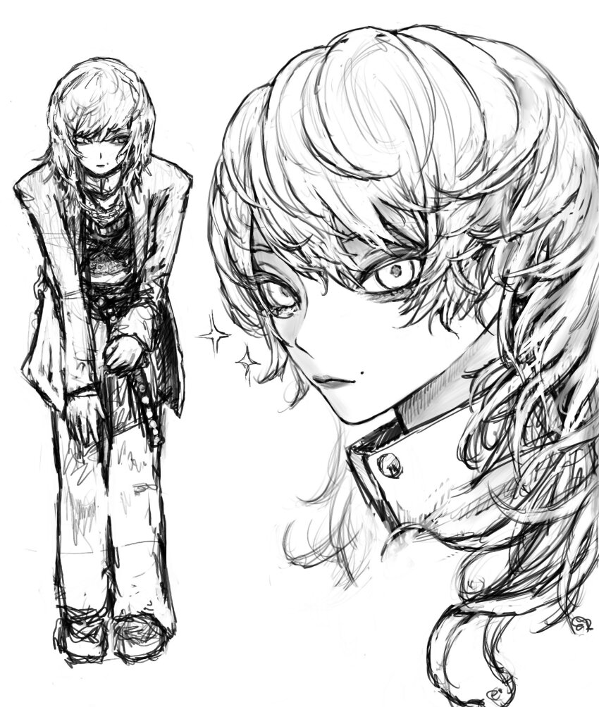 1girl closed_mouth full_body hair_between_eyes highres jacket looking_down looking_to_the_side lui_n24 medium_hair mole mole_above_mouth monochrome original pants portrait shoes sketch sparkle sweater white_background