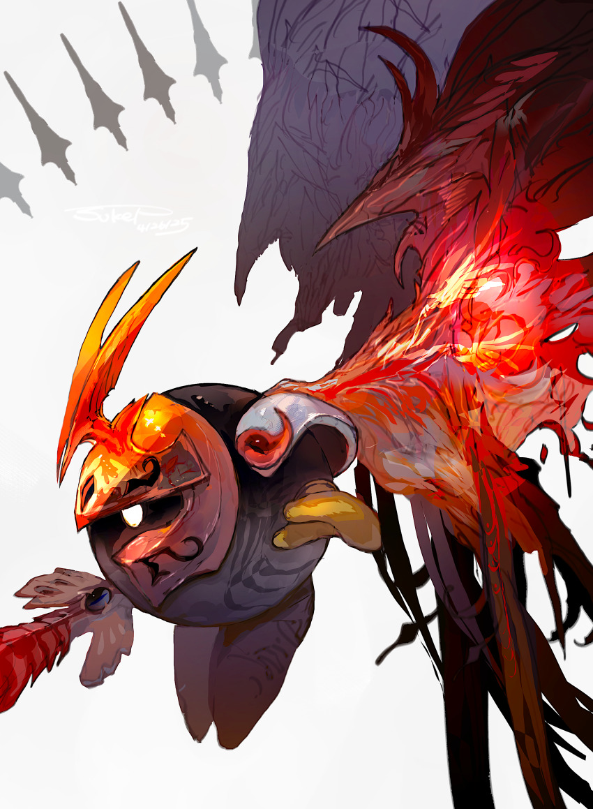 absurdres armor artist_name butterfly_wings dated fake_horns gloves grey_background highres holding holding_sword holding_weapon horns insect_wings kirby_(series) mask morpho_knight nintendo no_humans pauldrons red_wings shoulder_armor signature simple_background solo sukepmonster sword weapon white_eyes wings yellow_gloves