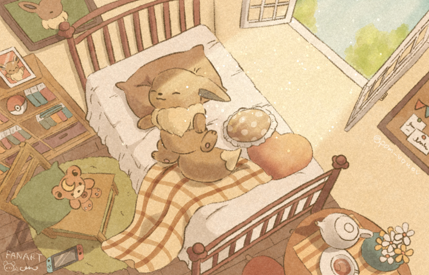 :3 artist_name bedroom blanket book bookshelf bulletin_board chair closed_eyes closed_mouth commentary_request cup day ears_down eevee flower frilled_pillow frills game_freak gen_1_pokemon gen_2_pokemon handheld_game_console heart heart-shaped_pillow highres indoors light_particles light_rays lying mian_(user_kwcj2833) nintendo nintendo_switch no_humans on_back open_window paper picture_frame pillow poke_ball poke_ball_(basic) pokemon pokemon_(creature) polka_dot_pillow rug saucer signature sleeping smile stuffed_animal stuffed_toy table tea teacup teapot teddiursa teddy_bear twitter_username vase white_flower window wooden_floor yellow_flower