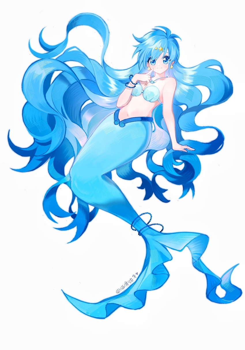 1girl arm_at_side artist_name bead_bracelet beads bikini blue_bikini blue_eyes blue_hair blue_tail blue_theme bracelet closed_mouth earrings finger_to_cheek full_body hair_ornament hand_up happy highres houshou_hanon jewelry long_hair looking_at_viewer mermaid mermaid_melody_pichi_pichi_pitch monster_girl navel necklace paley693 shell shell_bikini side_part simple_background smile solo star_(symbol) star_earrings star_hair_ornament swimsuit very_long_hair wavy_hair white_background