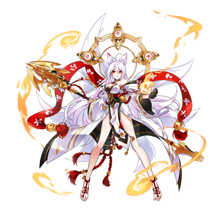 1girl ahoge animal_ear_fluff animal_ears ara_haan barefoot_sandals_(jewelry) black_hair black_kimono breasts bright_pupils cleavage closed_mouth elsword floating_clothes floating_hair flower_knot fox_ears fox_girl fox_tail full_body game_cg glaive_(polearm) hair_between_eyes happy highres holding holding_behind_back holding_polearm holding_weapon holding_weapon_behind_back hwansang japanese_clothes kimono kimono_dress large_breasts legs_apart long_hair long_sleeves looking_at_viewer marking_on_cheek multiple_tails obi off_shoulder official_art pelvic_curtain polearm red_eyes red_ribbon red_shawl ribbon sash second-party_source shakti_(elsword) shawl smile solo standing tachi-e tail tassel toes transparent_background two-sided_fabric very_long_hair weapon white_hair white_kimono white_pupils wide_sleeves yellow_ribbon