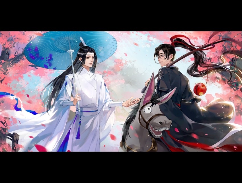 2boys apple black_border black_eyes black_hair black_hanfu blue_sky blue_umbrella border carrying_over_shoulder cherry_blossoms chinese_clothes closed_mouth cowboy_shot day donkey expressionless falling_petals fishing_rod food fruit hair_between_eyes hair_ornament hair_ribbon hand_on_hand hanfu headband high_ponytail holding holding_fishing_rod holding_hands holding_umbrella horseback_riding lan_wangji letterboxed light_particles lips long_hair long_sleeves looking_at_another male_focus modao_zushi multiple_boys oil-paper_umbrella outdoors petals ponytail red_ribbon ribbon riding sky smile spring_(season) topknot tree umbrella umbrella_over_shoulder very_long_hair wavy_hair wei_wuxian white_hanfu white_headband wide_sleeves wind ye_dian_pikaqiu