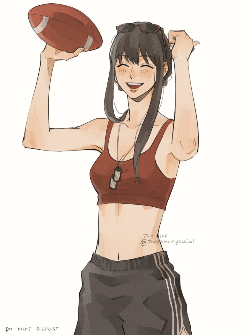 1girl ^_^ black_hair black_shorts blush closed_eyes commentary eyewear_on_head hair_bun highres holding jewelry navel necklace shorts sidelocks solo sports_bra spy_x_family thesameeyekiwi twitter_username yor_briar