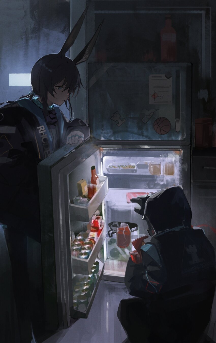 1girl 1other absurdres amiya_(arknights) animal_ears arknights black_coat black_gloves black_jacket blue_eyes brown_hair coat doctor_(arknights) gloves highres hood hood_up hooded_coat jacket long_hair open_clothes open_jacket rabbit_ears rabbit_girl refrigerator rhodes_island_logo_(arknights) siguma_(13238772100)