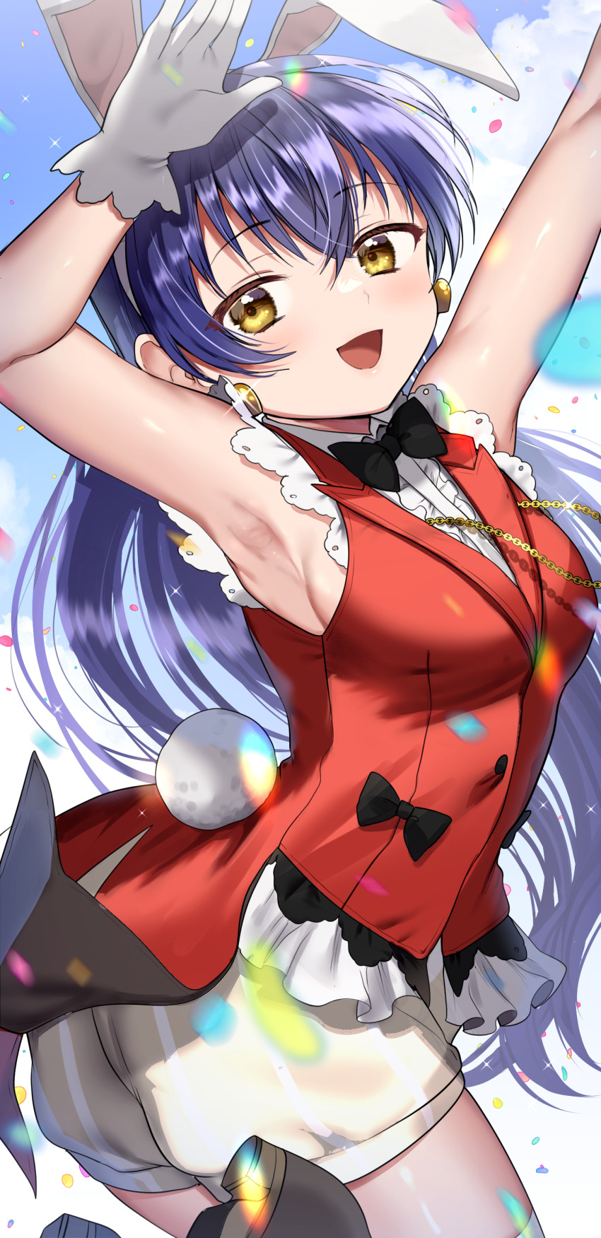1girl :d absurdres animal_ears armpits arms_up black_bow black_bowtie black_footwear black_vest blue_hair blue_sky blush bow bowtie breasts collared_shirt commentary cowboy_shot dark_blue_hair fake_animal_ears fake_tail gloves highres kazepana korekara_no_someday legs_up long_hair looking_at_viewer love_live! love_live!_school_idol_project official_alternate_costume open_mouth pinstripe_shorts rabbit_ears rabbit_tail shirt shoe_soles short_shorts shorts sideboob sky sleeveless sleeveless_shirt smile solo sonoda_umi tail vest white_gloves white_shirt white_shorts yellow_eyes