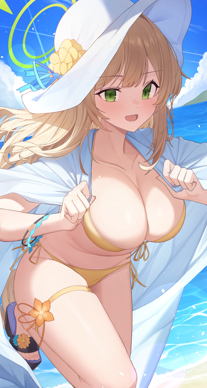 1girl absurdres bikini blue_archive blush breasts cleavage day green_eyes green_halo hair_between_eyes halo hat highres large_breasts light_brown_hair long_hair navel nonomi_(blue_archive) nonomi_(swimsuit)_(blue_archive) ocean official_alternate_costume outdoors pang-yo sandals solo swimsuit thigh_strap toes white_hat yellow_bikini