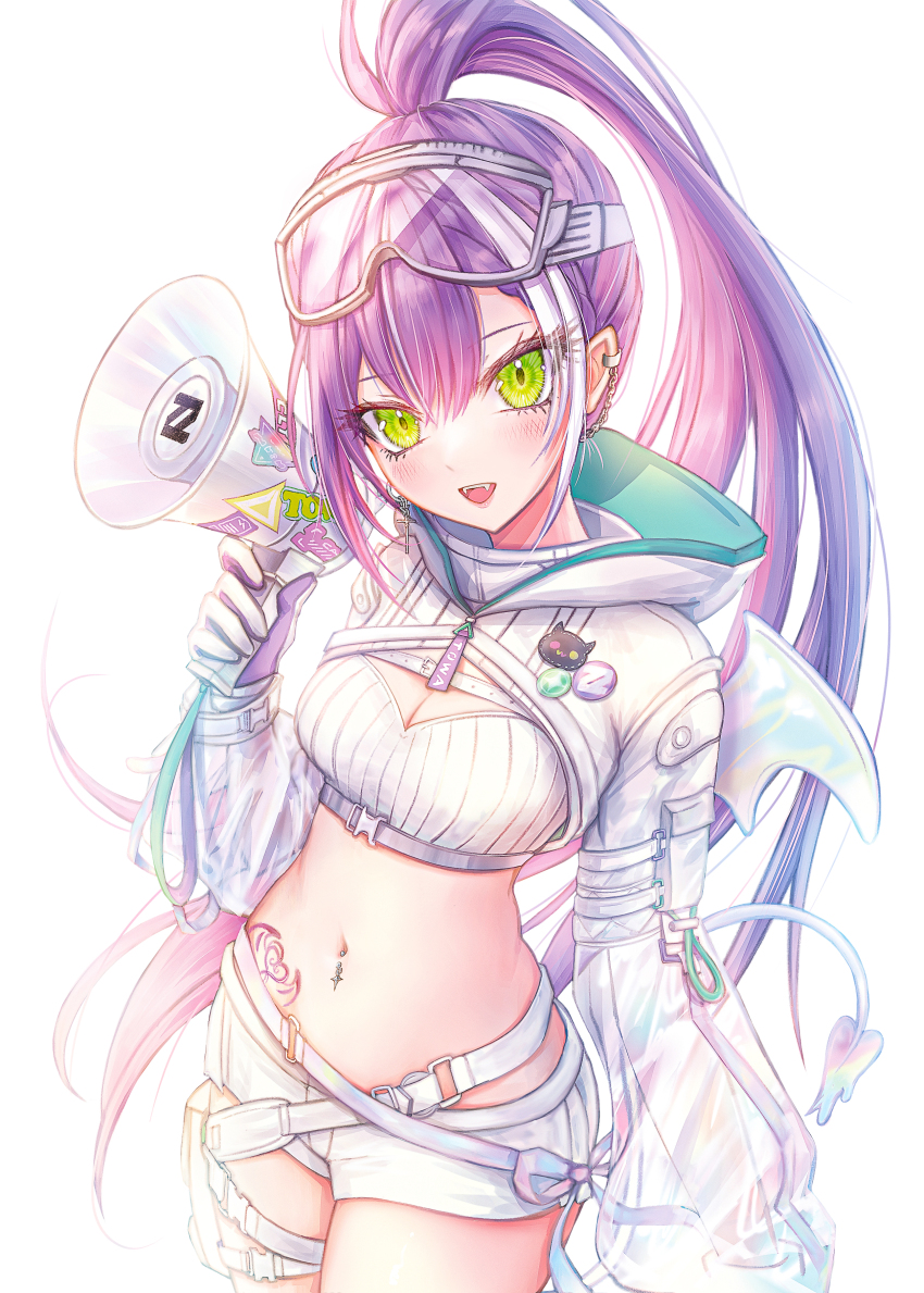 1girl absurdres closed_mouth demon_tail fangs gloves goggles goggles_on_head green_eyes hand_on_back highres hip_tattoo holding holding_megaphone hololive knee_pads long_hair looking_at_viewer megaphone melting_tail multicolored_hair navel open_mouth pinkuempire ponytail purple_hair shorts smile solo strapless tail tattoo tokoyami_towa tokoyami_towa_(cyberpunk) tube_top virtual_youtuber white_gloves white_shorts white_tube_top