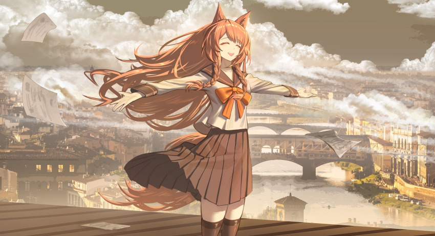 1girl absurdres animal_ears arknights braid bridge brown_hair building character_request closed_eyes cloud commentary_request falling_paper hair_lift highres long_hair neckerchief open_mouth outdoors outstretched_arms pleated_skirt red_neckerchief scenery school_uniform serafuku shale skirt sky smile solo spread_arms thighhighs water