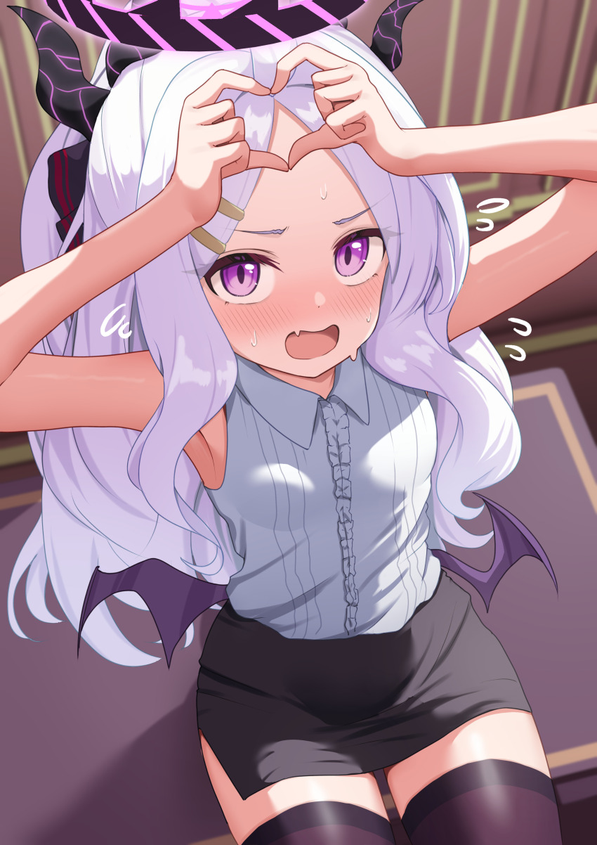 1girl absurdres aoto_mei black_skirt black_thighhighs blue_archive blush breasts commentary_request demon_girl demon_horns fang flying_sweatdrops hair_ornament hairclip halo heart heart_hands highres hina_(blue_archive) horns long_hair looking_at_viewer low_wings miniskirt open_mouth paid_reward_available parallel_hairclips parted_bangs pencil_skirt purple_eyes purple_halo purple_horns purple_wings shirt sitting skin_fang skirt sleeveless sleeveless_shirt small_breasts solo thighhighs variant_set wavy_hair white_hair white_shirt wings