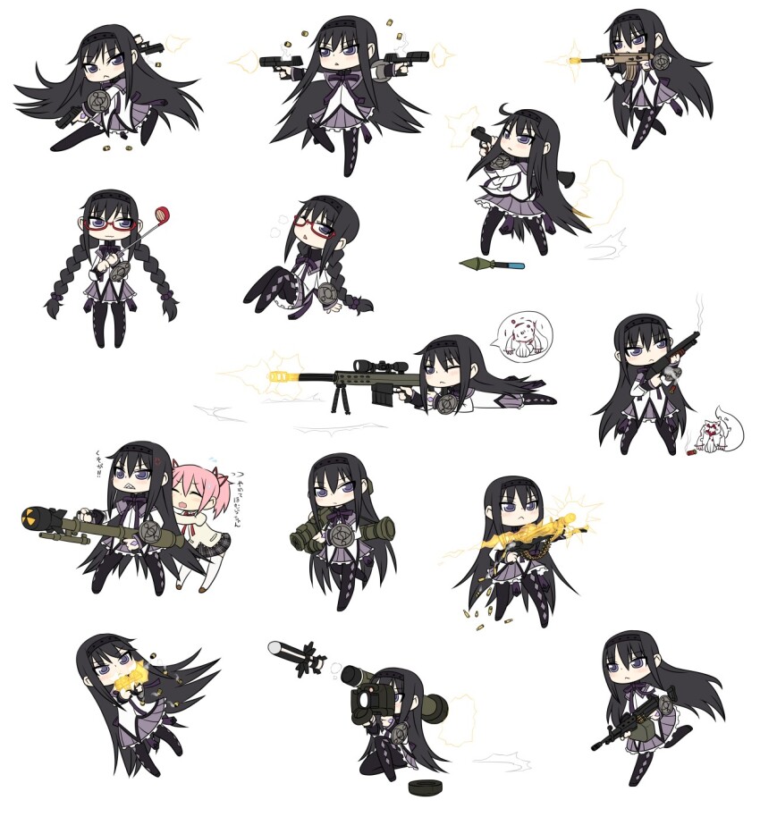 .50_action-express 10s 2girls 7.62x51mm_nato akemi_homura akemi_homura_(magical_girl) ammunition ammunition_belt anger_vein anti-materiel_rifle anti-tank_guided_missile anti-tank_missile artillery assault_rifle at4 barrett_m82 bipod black_hair braid bullet casing_ejection chibi cocking_gun commentary_request crew-served_weapon davy_crockett_(nuclear_weapon) desert_eagle dual_wielding e338_davy_crockett fgm-148_javelin firing fn_scar fully_powered_cartridge glasses golf_club gun gunkata hairband handgun handgun_cartridge hazard_symbol high-explosive_anti-tank_(warhead) highres holding homu ithaca_m37 jon_henry_nam kaname_madoka kyubey left-handed light_machine_gun lmg_cartridge long_hair looking_through_scope m13_link m249_saw m28/m29_davy_crockett machine_gun madoka_runes magical_girl magnum_cartridge mahou_shoujo_madoka_magica mahou_shoujo_madoka_magica_(anime) man-portable_anti-tank_systems mg3 military_cartridge missile missile_launcher move_chart multiple_girls muzzle_flash nuclear_artillery nuclear_weapon pantyhose pistol pistol_cartridge precision-guided_munition pump_action radiation_symbol recoilless_gun red-framed_eyewear rifle rifle_cartridge rocket-propelled_grenade rocket_(projectile) rocket_launcher rpg rpg-7 rpg_(weapon) scope shell_casing shotgun shoulder-fired_missile smoke smoking_barrel sniper_rifle translation_request twin_braids weapon weapon_of_mass_destruction