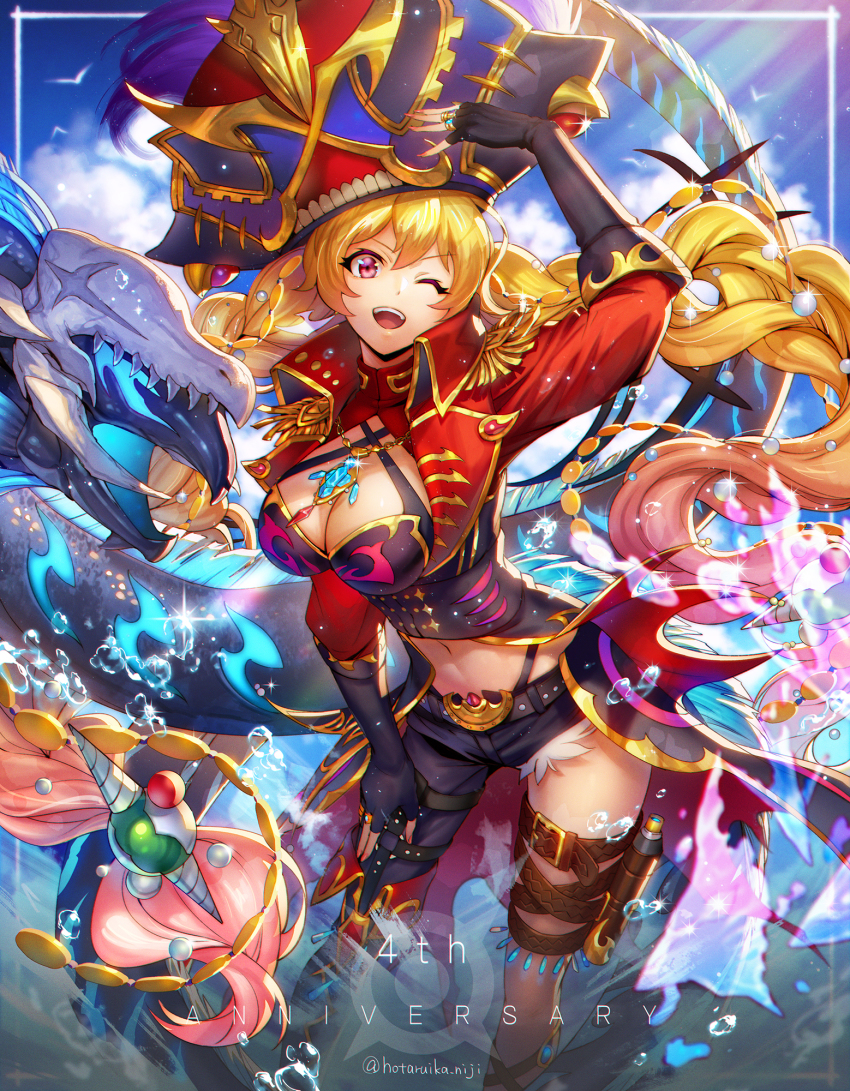 1girl anniversary asymmetrical_clothes asymmetrical_legwear belt black_gloves blonde_hair boots braid breasts cleavage coat demon earrings epaulettes gloves hat highres holster hotaruika_niji jewelry leviathan_(megido72) long_hair long_sleeves looking_at_viewer medium_breasts megido72 navel necklace one_eye_closed open_mouth pants pirate pirate_hat red_eyes shirt single_pantsleg solo standing thigh_strap twin_braids uneven_legwear