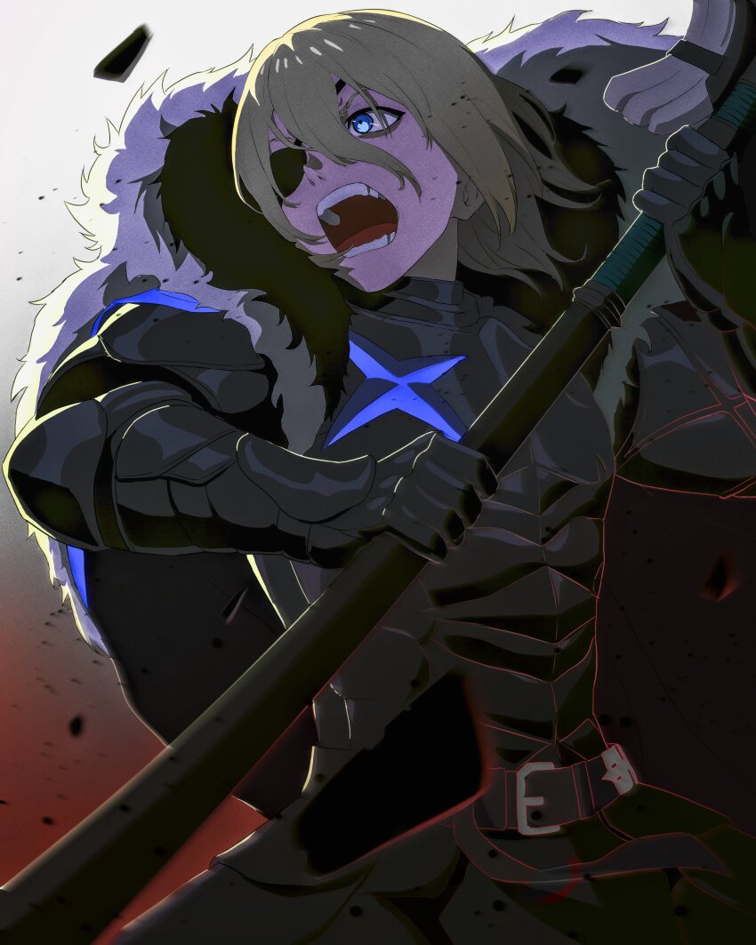 1boy absurdres armor black_armor blonde_hair breastplate commentary commission dimitri_alexandre_blaiddyd dimitri_alexandre_blaiddyd_(timeskip) eyepatch fire_emblem fire_emblem:_three_houses fur_trim gauntlets highres holding holding_polearm holding_weapon kwajia3 male_focus nintendo one_eye_covered open_mouth polearm short_hair solo spear teeth weapon