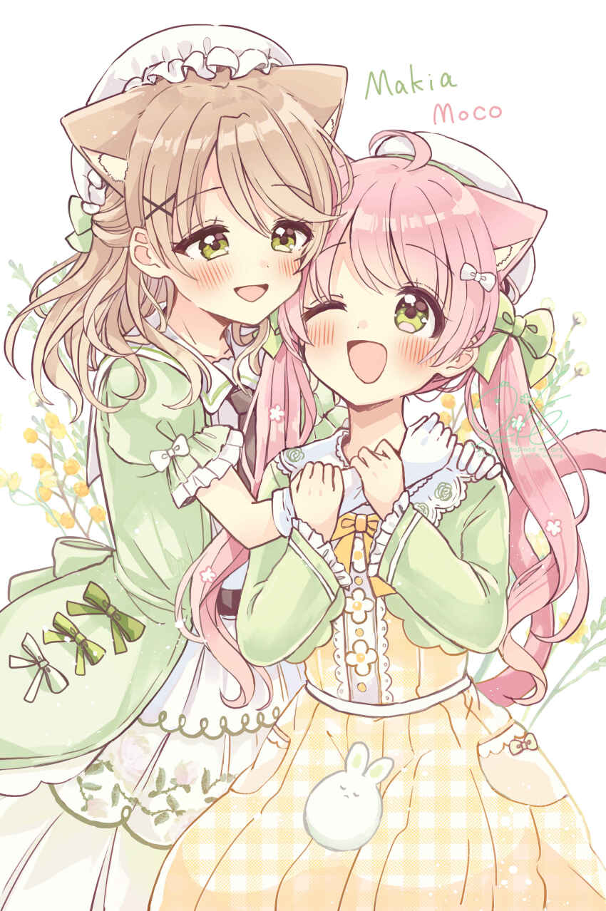 2girls ;d absurdres ahoge animal animal_ears beret black_necktie blush bow brown_hair cat_ears cat_girl cat_tail character_name collared_dress commentary_request dress elbow_gloves fushigi_na_neko_no_machi_meltier gloves green_bow green_eyes green_jacket hair_bow hair_ornament hands_up hat highres jacket long_hair makia_(fushigi_na_neko_no_machi_meltier) mob_cap moco_(fushigi_na_neko_no_machi_meltier) multiple_girls necktie one_eye_closed open_mouth pink_hair plaid_clothes plaid_skirt pleated_skirt puffy_short_sleeves puffy_sleeves rabbit sakura_oriko short_sleeves signature skirt smile tail twintails unmoving_pattern very_long_hair white_background white_bow white_dress white_gloves white_hat x_hair_ornament