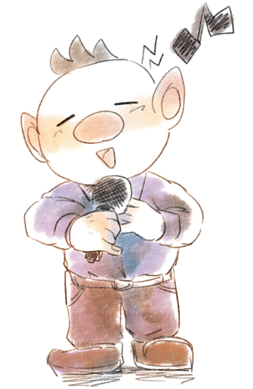1boy absurdres alternate_costume belt belt_buckle big_nose blue_shirt blush brown_belt brown_hair brown_pants brown_shoes buckle closed_eyes collared_shirt commentary_request denim dress_shoes full_body hand_on_own_chest happy highres iat-418 jeans long_sleeves male_focus music musical_note nintendo olimar open_mouth pants pikmin_(series) pocket pointy_ears shadow shirt shoes short_hair shout_lines simple_background singing smile solo standing very_short_hair white_background