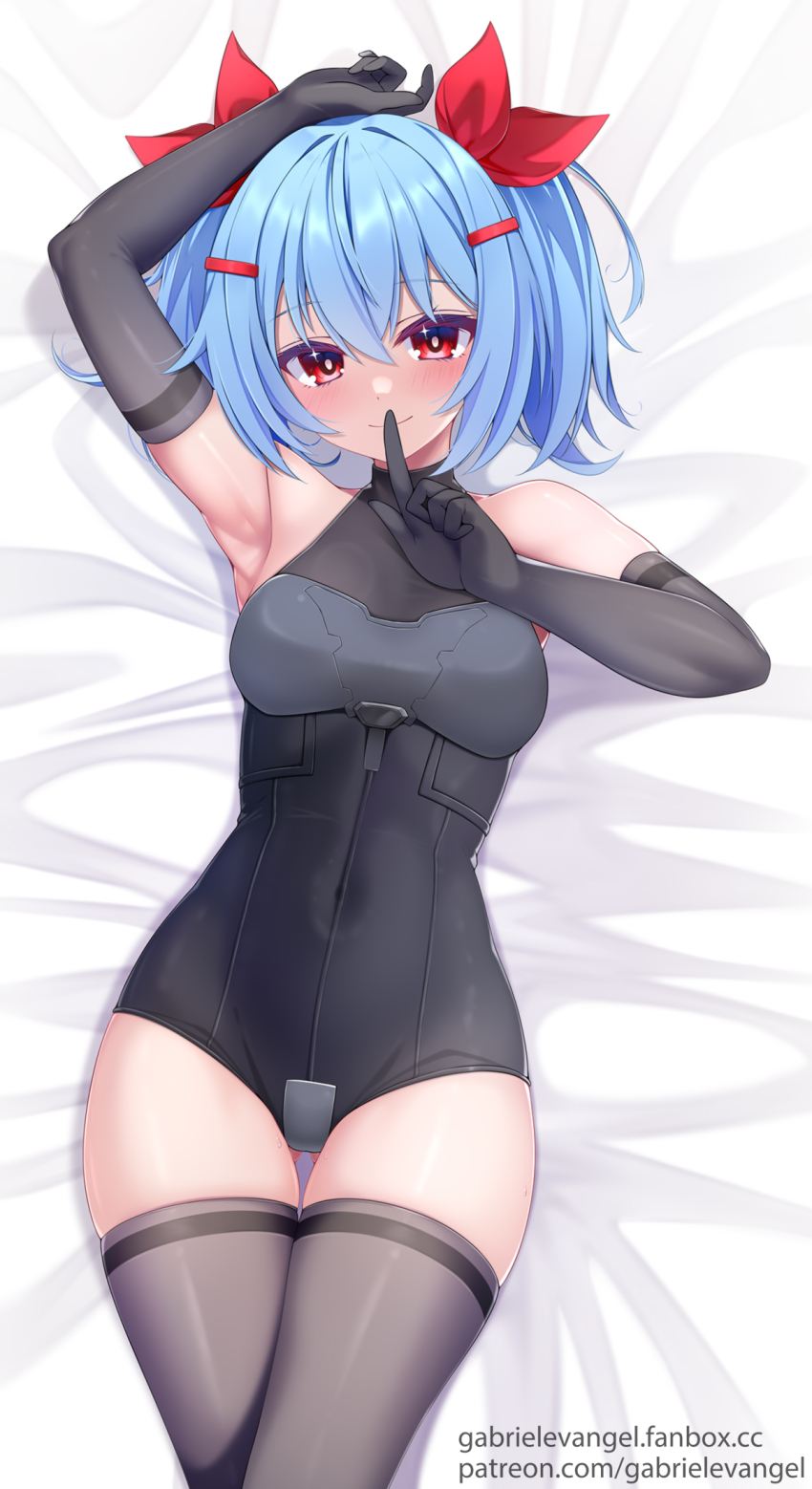 1girl arm_behind_head armpits bare_shoulders black_gloves black_leotard blue_hair blush breasts colphne_(girls&#039;_frontline_2) covered_navel elbow_gloves finger_to_mouth gabriel_evangel girls&#039;_frontline girls&#039;_frontline_2:_exilium gloves hair_ornament hairclip hand_up highres hip_focus leotard looking_at_viewer lying medium_hair on_back red_eyes shushing skin_tight small_breasts smile solo thigh_gap thighs twintails