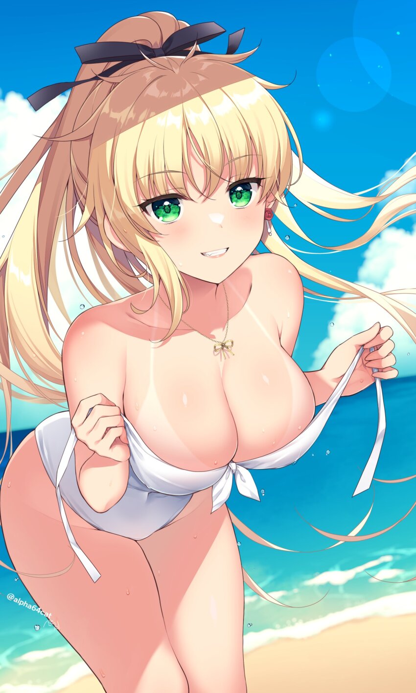 1girl absurdres alpha_(yukai_na_nakamatachi) arisa_crain_femiluna bare_shoulders beach black_ribbon blonde_hair blush breasts cleavage cloud cloudy_sky collarbone covered_navel day dutch_angle earrings green_eyes grin hair_between_eyes hair_ribbon high_ponytail highres jewelry large_breasts leaning_forward long_hair necklace ocean outdoors ponytail ribbon sky smile solo twitter_username untying very_long_hair w.l.o_sekai_ren&#039;ai_kikou white_swimsuit
