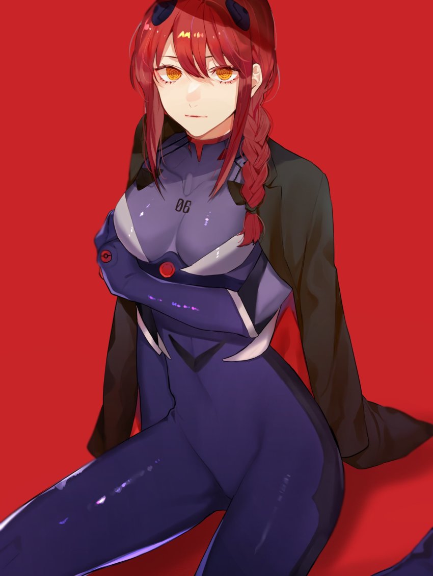 1girl alternate_costume bodysuit braid braided_ponytail breasts brown_hair chainsaw_man cosplay hairpods highres holding_own_arm interface_headset_(evangelion) jacket jacket_on_shoulders light_smile looking_at_viewer makima_(chainsaw_man) mecha_pilot_suit medium_breasts nagisa_kaworu nagisa_kaworu_(cosplay) neon_genesis_evangelion plugsuit_(evangelion) purple_bodysuit ringed_eyes shimatori_(sanyyyy) sitting smile solo turtleneck wariza yellow_eyes