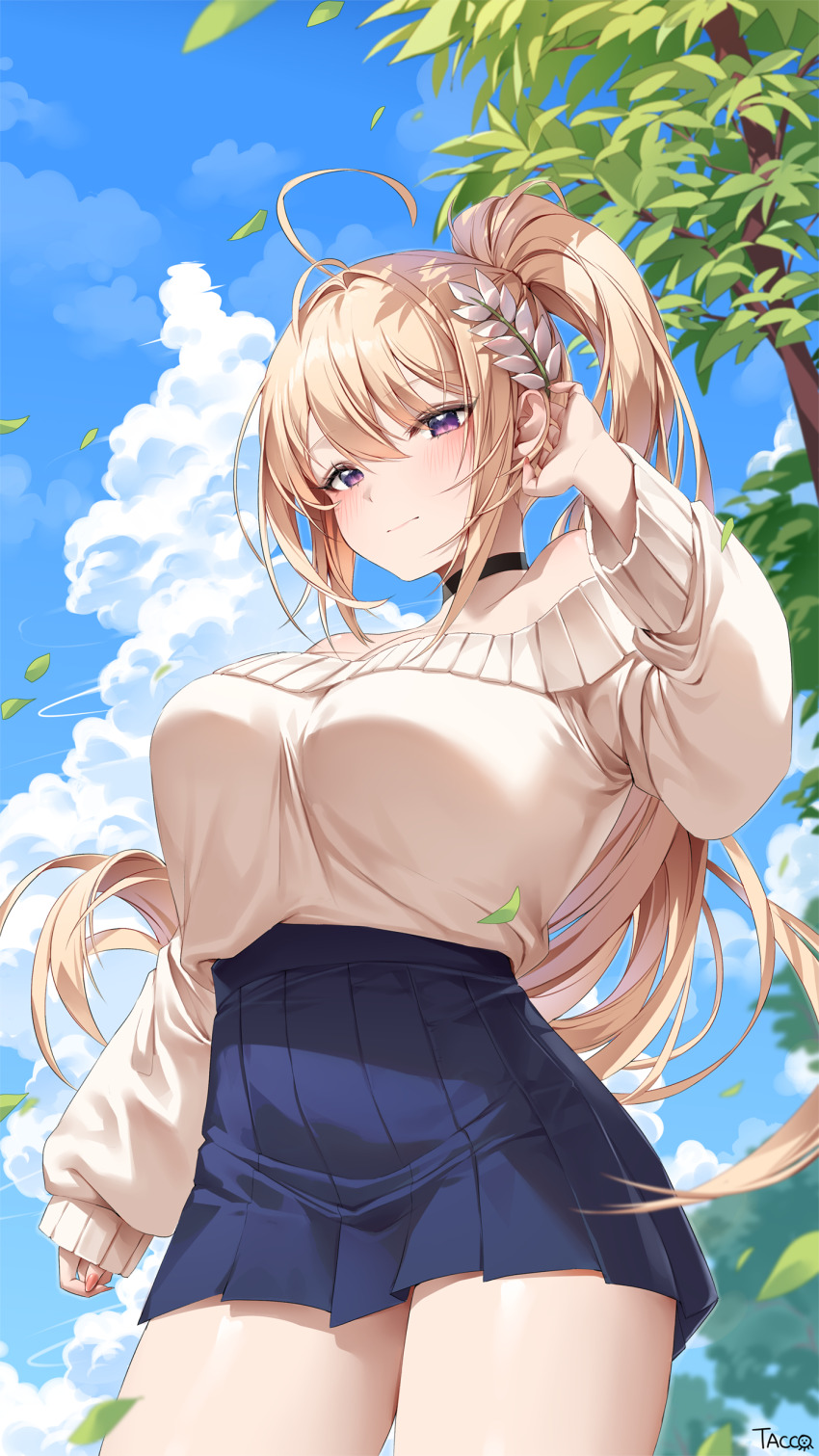 1girl absurdres ahoge bare_shoulders black_choker blonde_hair blush breasts choker commission day highres large_breasts long_hair long_sleeves looking_at_viewer off-shoulder_sweater off_shoulder original outdoors pleated_skirt purple_eyes skirt sleeves_past_wrists solo sweater tacco_(tikeworld)