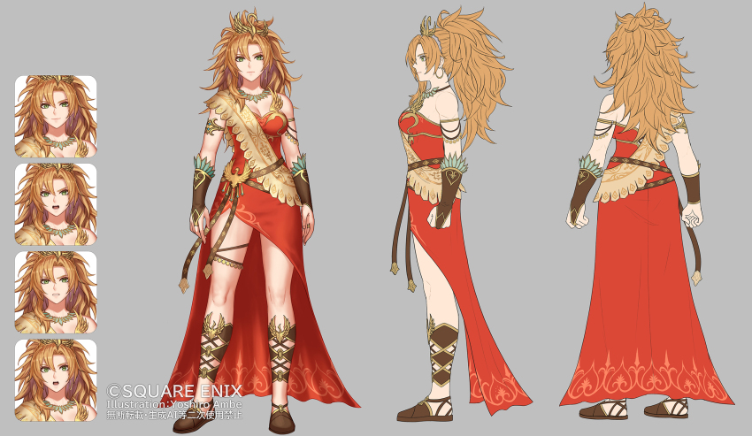 anbe_yoshirou angry artist_name black_gloves breasts bridal_gauntlets brown_sandals cleavage clenched_hand closed_mouth commentary_request copyright_notice curtained_hair dress earrings expressionless full_body gloves gold_armlet grey_background hair_ornament highres hoop_earrings jeanne_(romancing_saga_2) jewelry long_hair medium_breasts messy_hair multiple_expressions official_art open_mouth ponytail red_dress romancing_saga_2 saga sandals smile standing surprised