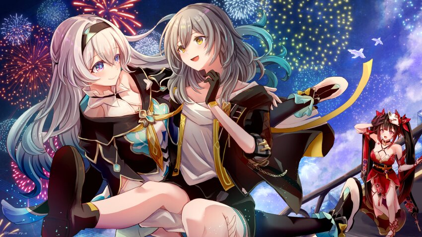 3girls absurdres aqua_hair aqua_thighhighs black_boots black_coat black_thighhighs boots closed_mouth coat firefly_(honkai:_star_rail) fireworks gloves gradient_hair gradient_thighhighs grey_hair highres honkai:_star_rail honkai_(series) long_hair long_sleeves looking_at_another multicolored_eyes multicolored_hair multiple_girls open_clothes open_coat open_mouth outdoors shirt smile sparkle_(honkai:_star_rail) stelle_(honkai:_star_rail) thighhighs tomoe_(pixiv_53856103) trailblazer_(honkai:_star_rail) white_shirt yellow_eyes