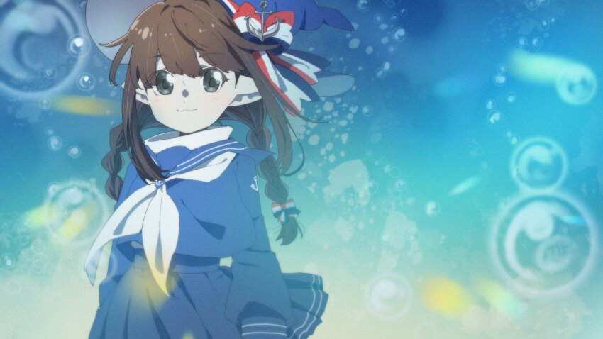 1girl :3 blue_bow blue_hat blue_sailor_collar blue_shirt blue_skirt bow braid brown_hair bubble closed_mouth colored_skin funamusea grey_eyes hat hat_bow highres long_hair long_sleeves looking_at_viewer melonenbrot multicolored_bow neckerchief oounabara_to_wadanohara pleated_skirt pointy_ears red_bow sailor_collar shirt skirt solo twin_braids upper_body wadanohara white_bow white_neckerchief white_skin witch_hat