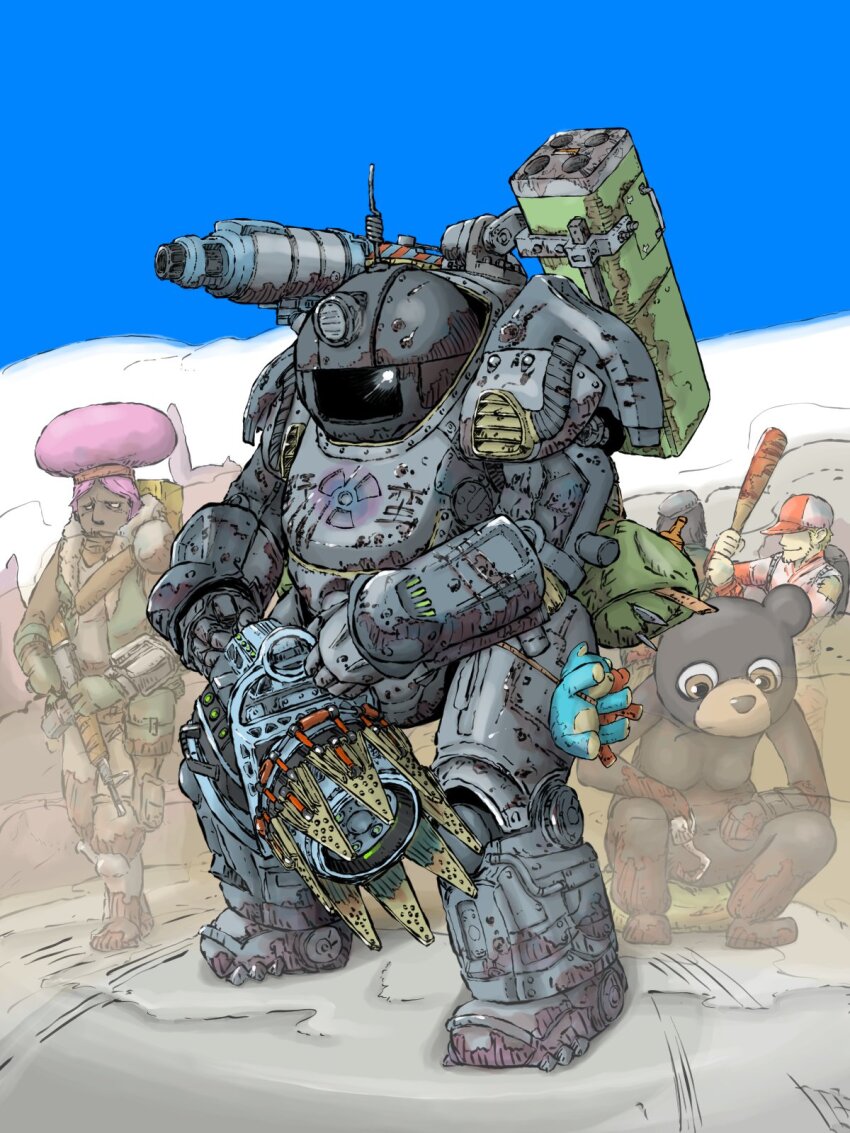 animal_costume ar-15 armor ass baseball_bat blue_sky cannon day dust_cloud gun highres holding holding_gun holding_weapon m202_flash multishot_rocket_launcher original power_armor prosthesis rifle rocket_launcher sky stuffed_animal stuffed_toy teddy_bear weapon yabarn