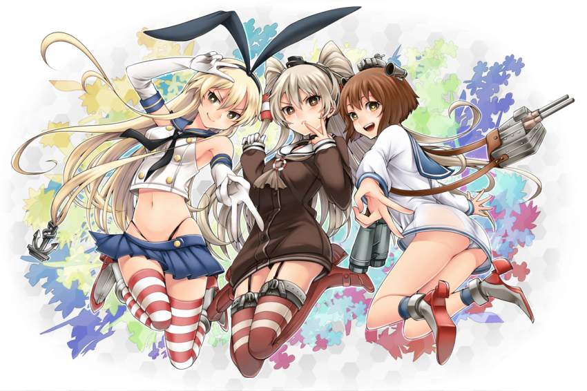 +_+ 10s 3girls amatsukaze_(kancolle) anchor ass black_panties blonde_hair blush brown_eyes brown_hair dress elbow_gloves garter_straps gloves hair_ornament hairband heart heart-shaped_pupils highleg highleg_panties kantai_collection long_hair looking_at_viewer multiple_girls navel olmatown open_mouth panties personification red_legwear sailor_dress school_uniform serafuku shimakaze_(kancolle) short_dress short_hair silver_hair skirt smile star-shaped_pupils star_(symbol) striped_clothes striped_legwear striped_thighhighs symbol-shaped_pupils thighhighs twintails two_side_up underwear v white_gloves white_panties yukikaze_(kancolle) zettai_ryouiki