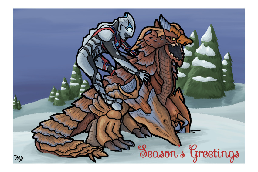 1boy alien bazanga black_skin blue_eyes blue_skin border christmas christmas_card claws color_timer colored_skin commentary english_commentary english_text highres horns kaiju lying male_focus man_after_man meme monster multicolored_skin no_pupils on_back open_mouth outdoors red_skin sharp_teeth signature silver_skin snow standing tail taya_(comicalcarnival) teeth tokusatsu tree ultra_series ultraman_blazar ultraman_blazar_(series) white_border yellow_eyes
