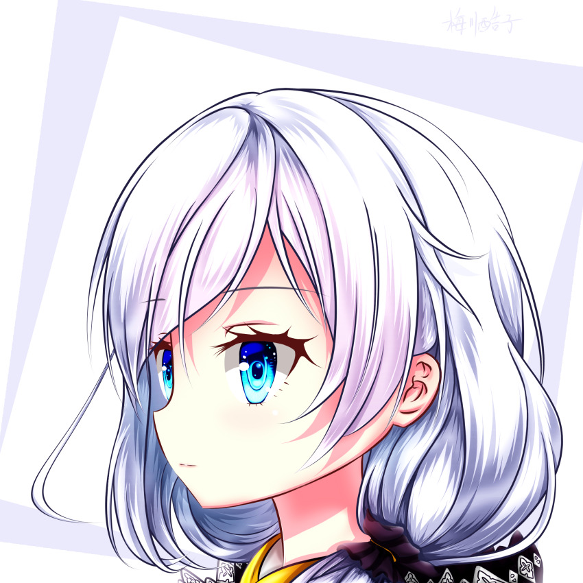 1girl artist_name benghuai_xueyuan black_dress blue_eyes closed_mouth dress highres honkai_(series) li_mama long_hair nun side_ponytail solo tareme theresa_apocalypse theresa_apocalypse_(valkyrie_pledge) three_quarter_profile upper_body white_background white_hair